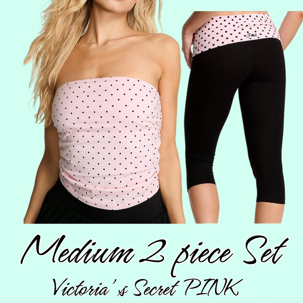 NWT PINK Victoria's Secret Light Pink Polka Dot Set Tube Top and Capris Medium